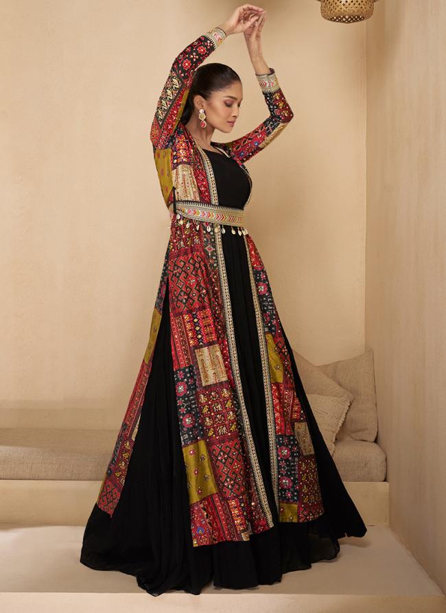 Georgette Multi Colour Festival Wear Embroidery Work Readymade Gown With Shrug